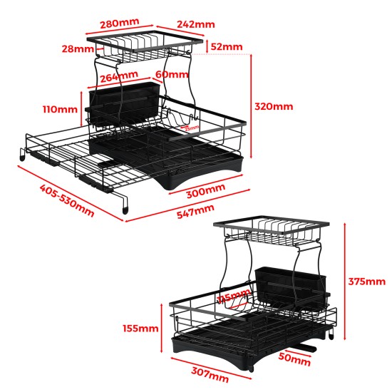 2 Tiers Black Expandable Dish Drying Rack Kitchen Sink Counter Organizer Bowl Cup Plate Cutlery Storage